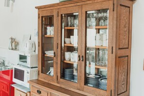 Mini-fridge, microwave, electric kettle