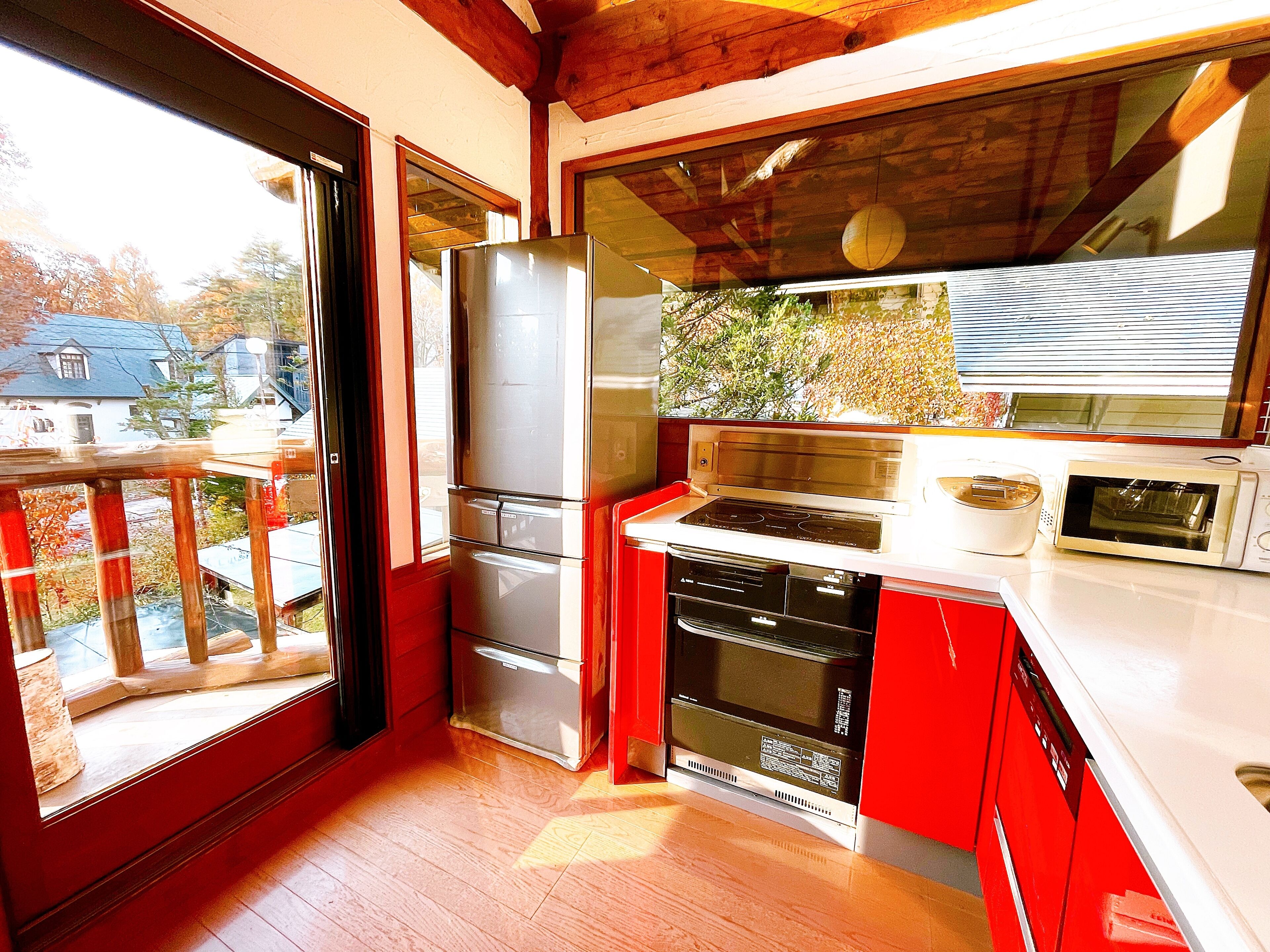 Una cocina compacta equipada con refrigerador, horno, microondas y lavavajillas.