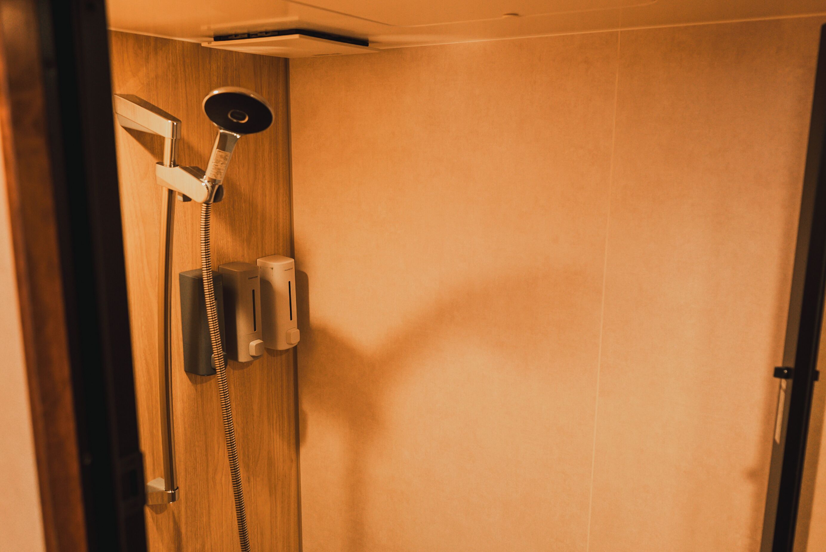 A shower with a handheld showerhead and a wall-mounted control panel.