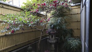 A traditional Japanese garden with a bamboo fence, a stone lantern, and a flowering tree. - Guest House Route53 Furuichi (Nara)