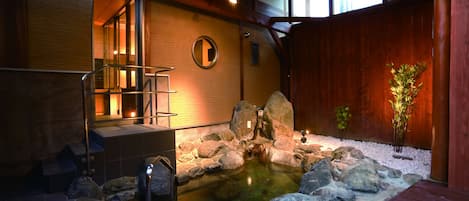 Deluxe Cottage (Type A - 111), Hot Stone Bath, Open-air Bath, Cypress Bath | Bathroom | Hair dryer, towels, soap, shampoo