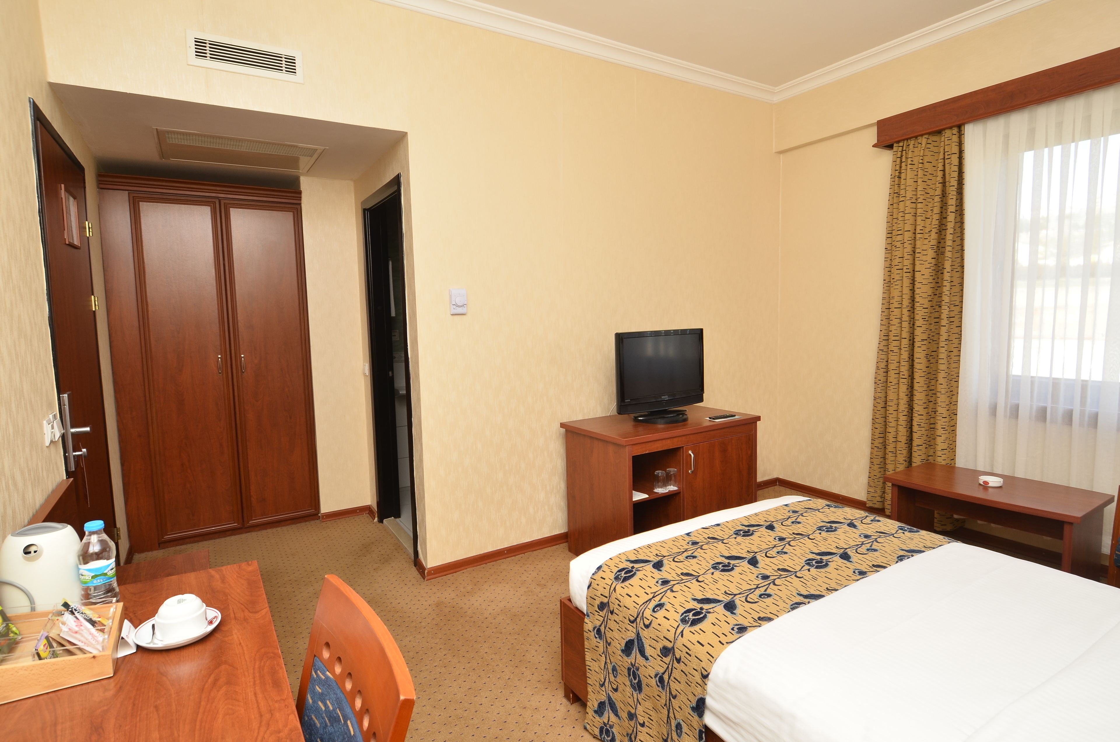 A hotel room with a bed, a TV, a desk with a chair, a wardrobe, and a bathroom door.