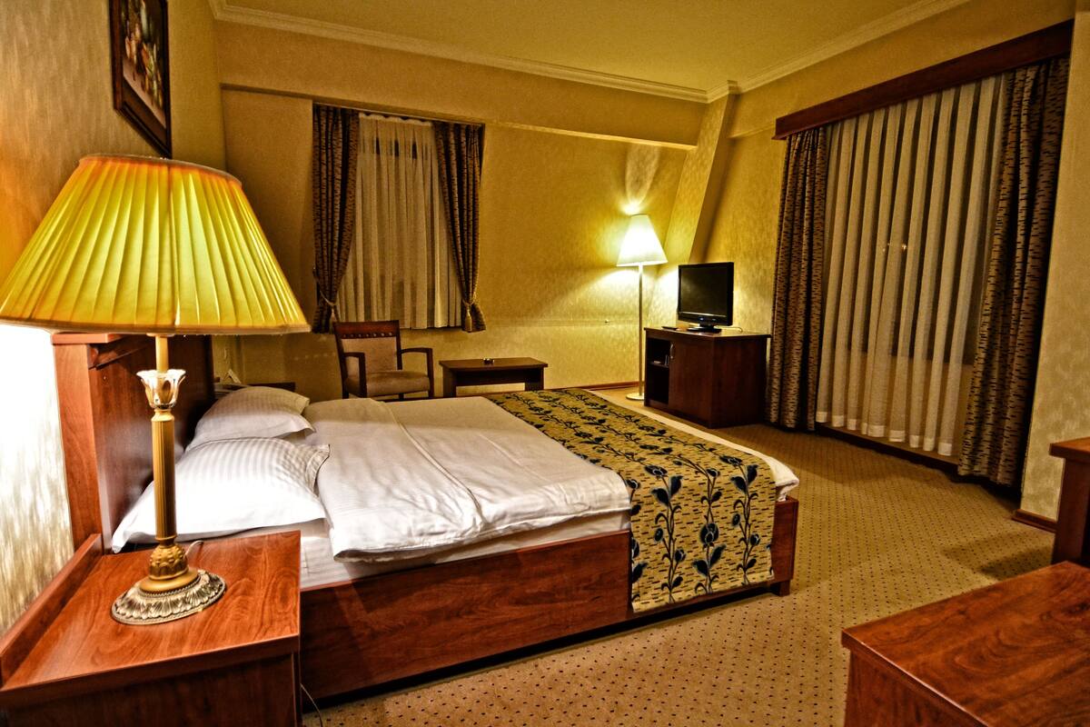 Une chambre d’hôtel équipée d’un lit, d’une lampe de chevet, d’une télévision, d’un bureau et d’une chaise.
