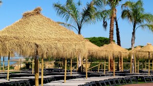 Varias sombrillas de paja sostenidas por postes de madera, dispuestas en filas con mesas de picnic debajo.