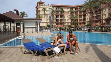 Indoor pool, outdoor pool, sun loungers