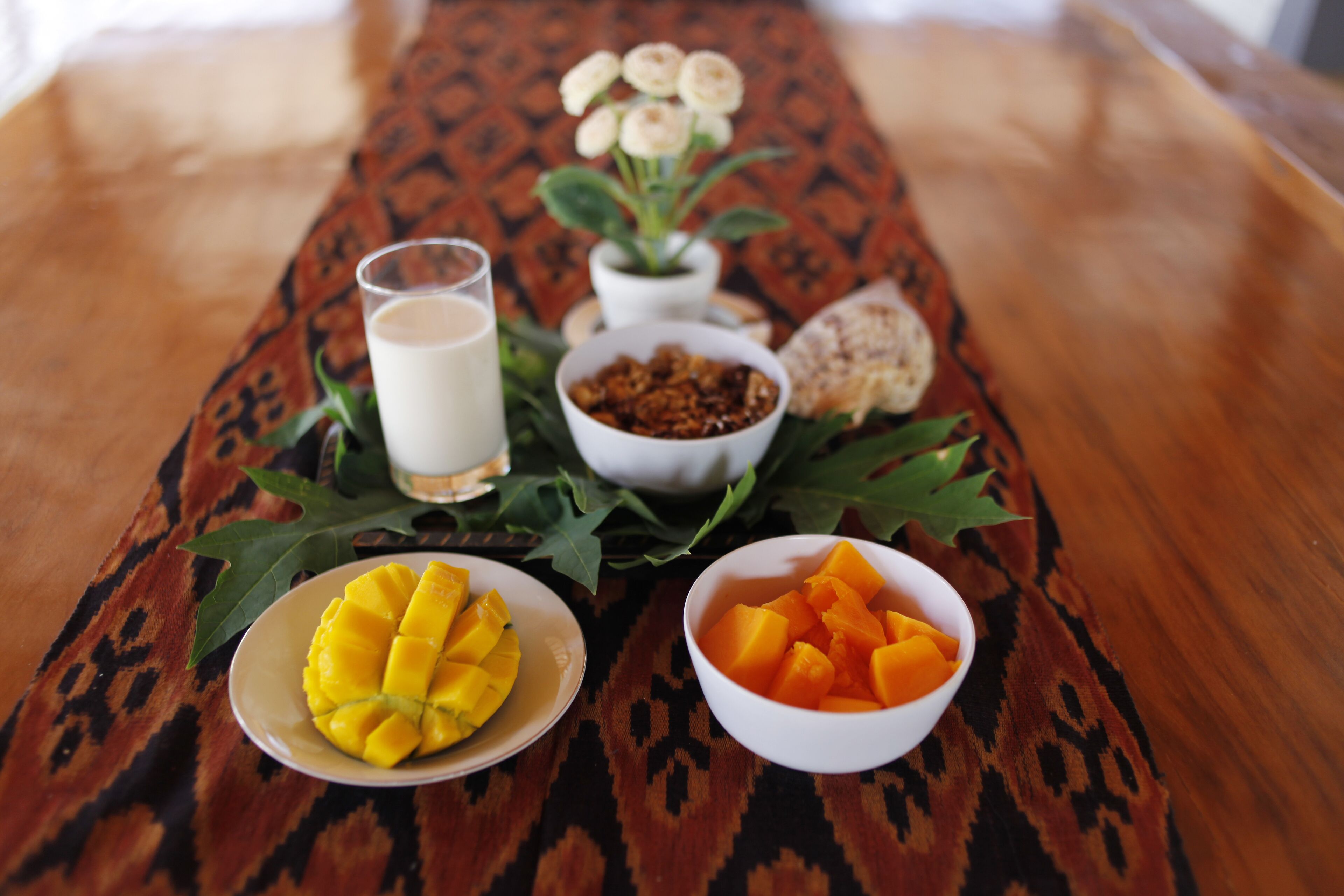 Ein Tisch mit einem gemusterten Tischtuch, ein Glas Milch, eine Schüssel Granola, eine Schüssel mit Mangostücken und eine weitere mit Mangowürfeln, eine Topfpflanze und ein Stück Brot.