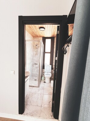 Un baño con ducha, inodoro y lavabo.