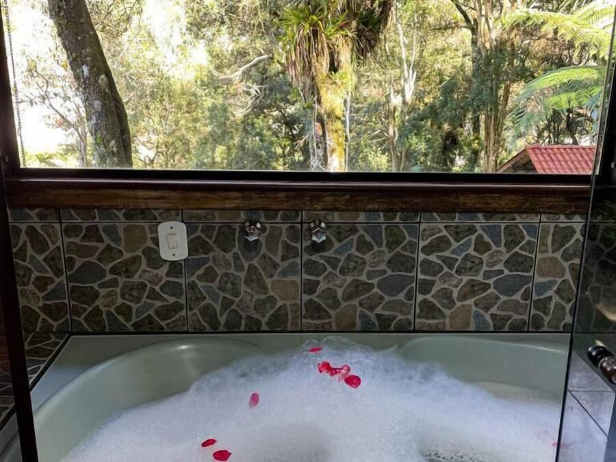A bathroom with a large bathtub filled with bubbles and rose petals, a stone-tiled wall, and a view of trees and a red-roofed building outside.