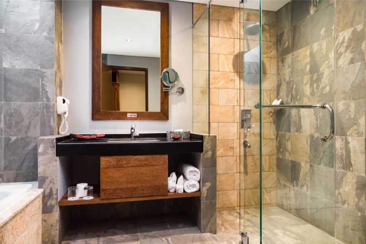 Shower, rainfall showerhead, free toiletries, hair dryer