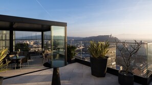 Une terrasse sur le toit, dotée d’une structure vitrée, d’un espace salon et de plantes en pot.