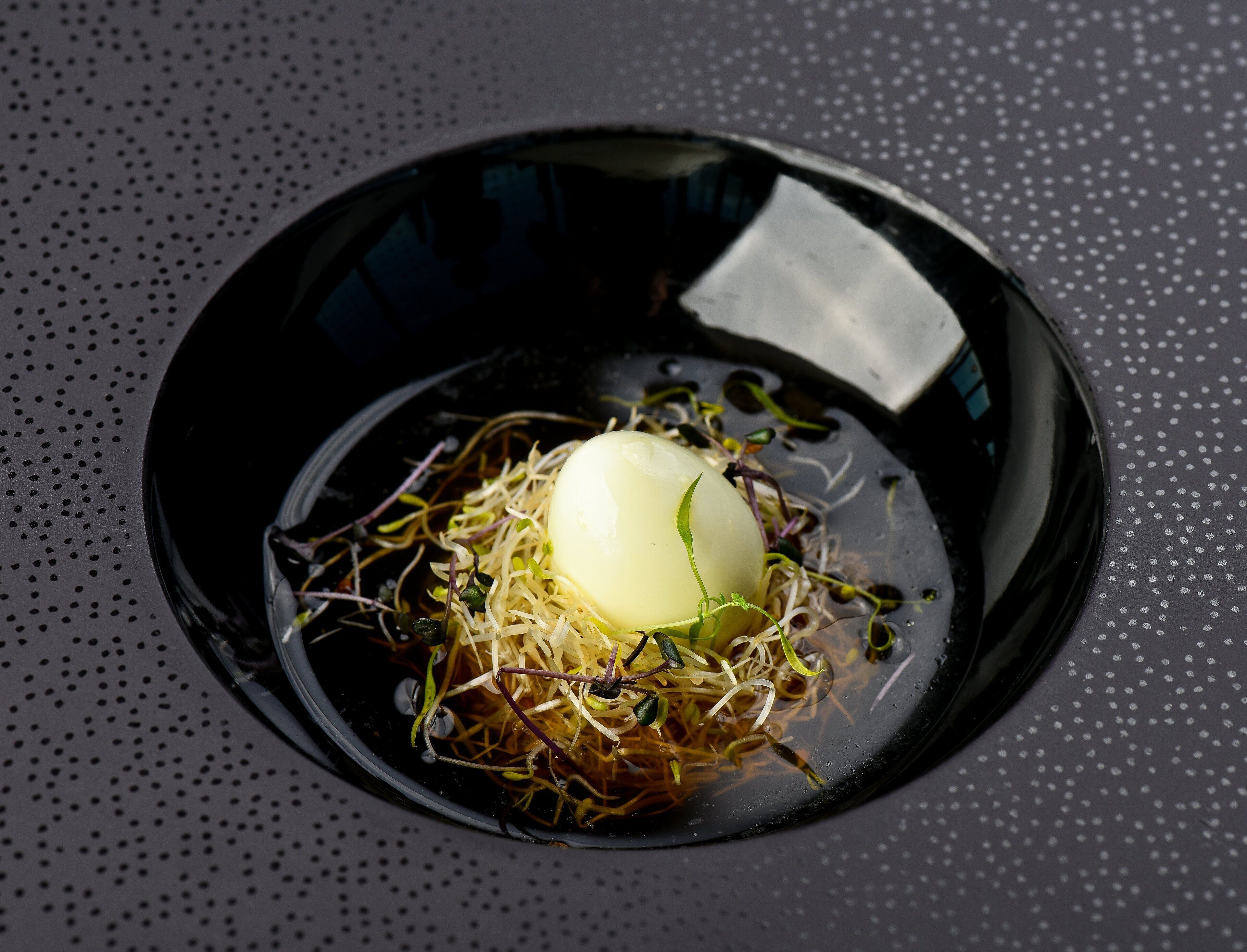 A bowl of food with sprouts and a boiled egg on a dark surface.
