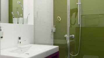 Ein Badezimmer mit einer gläsernen Duschkabine, einem weißen Waschbecken und einer violetten Kommode.