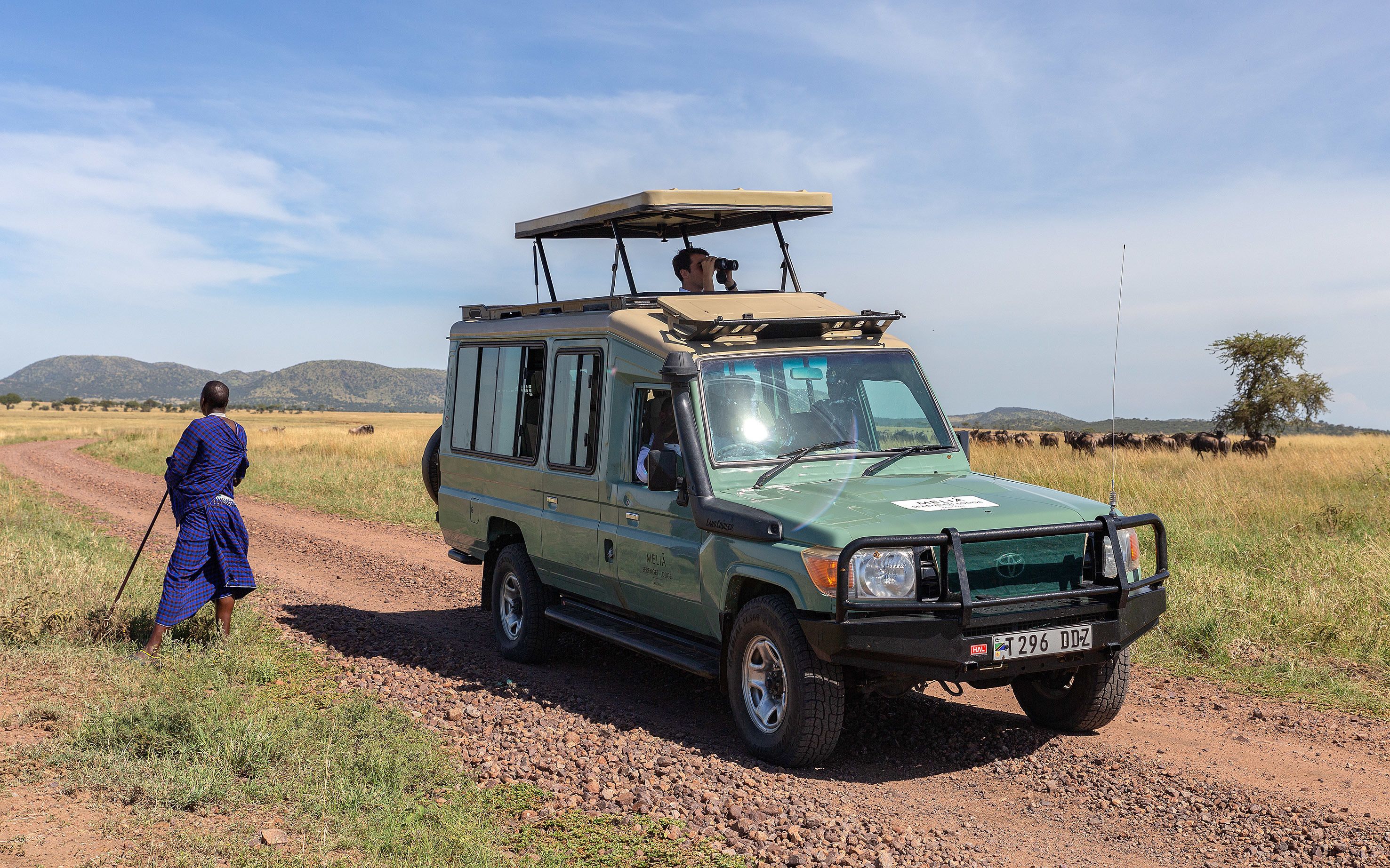 A safari vehicle with a roof rack and a person standing beside it.