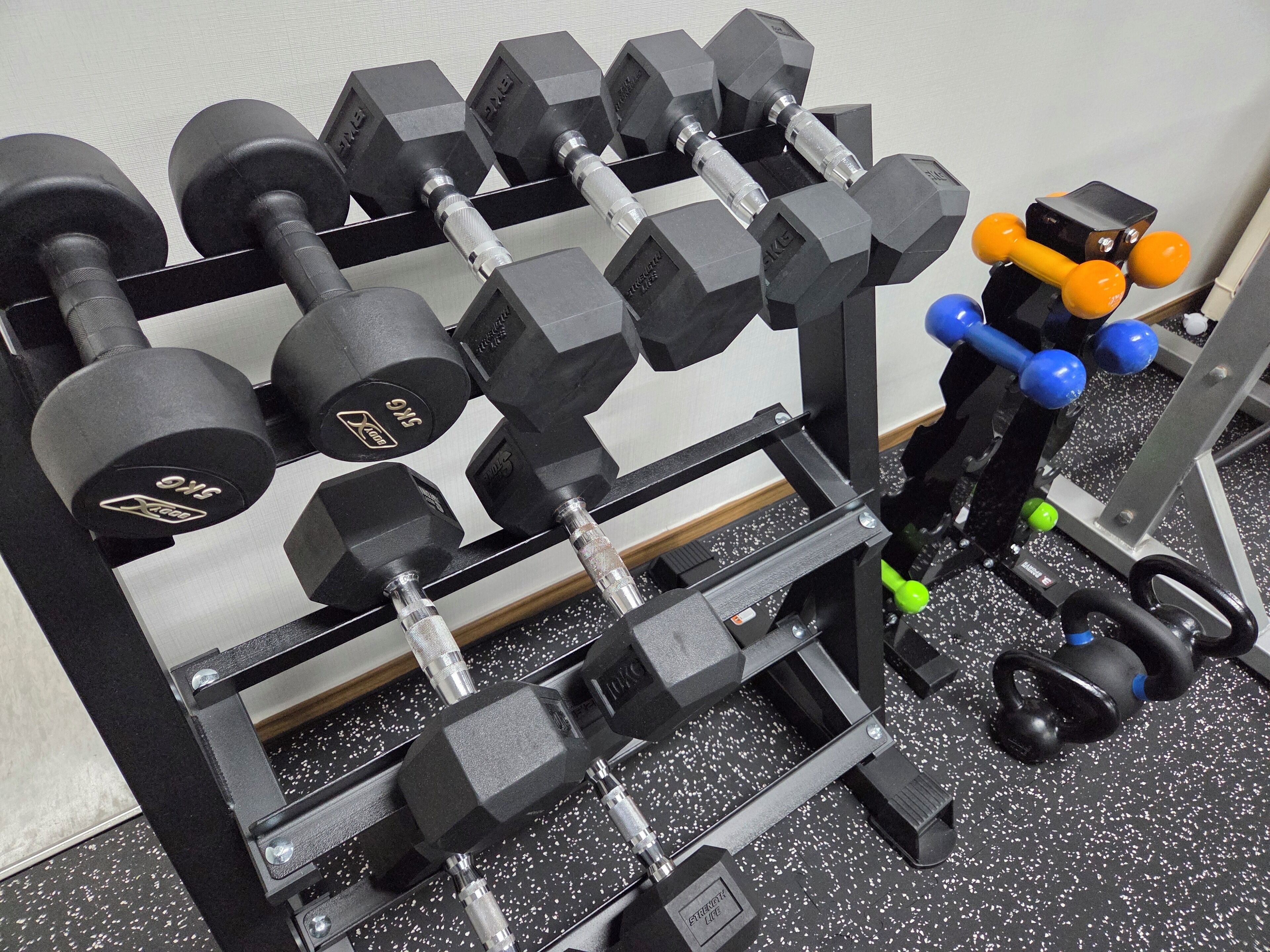 A home gym with a variety of dumbbells and weight equipment.