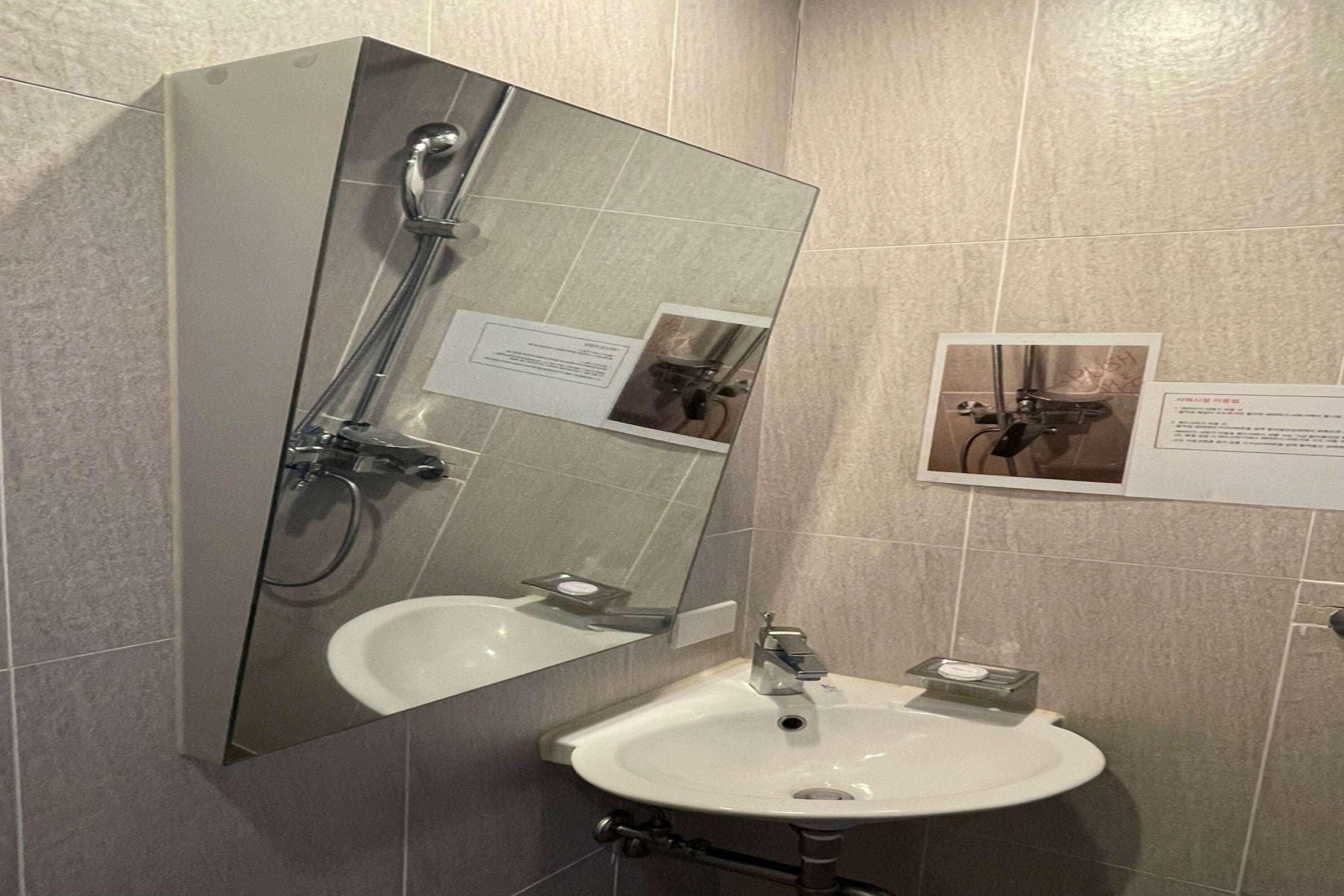 A bathroom with a large mirror, a sink, and a shower.