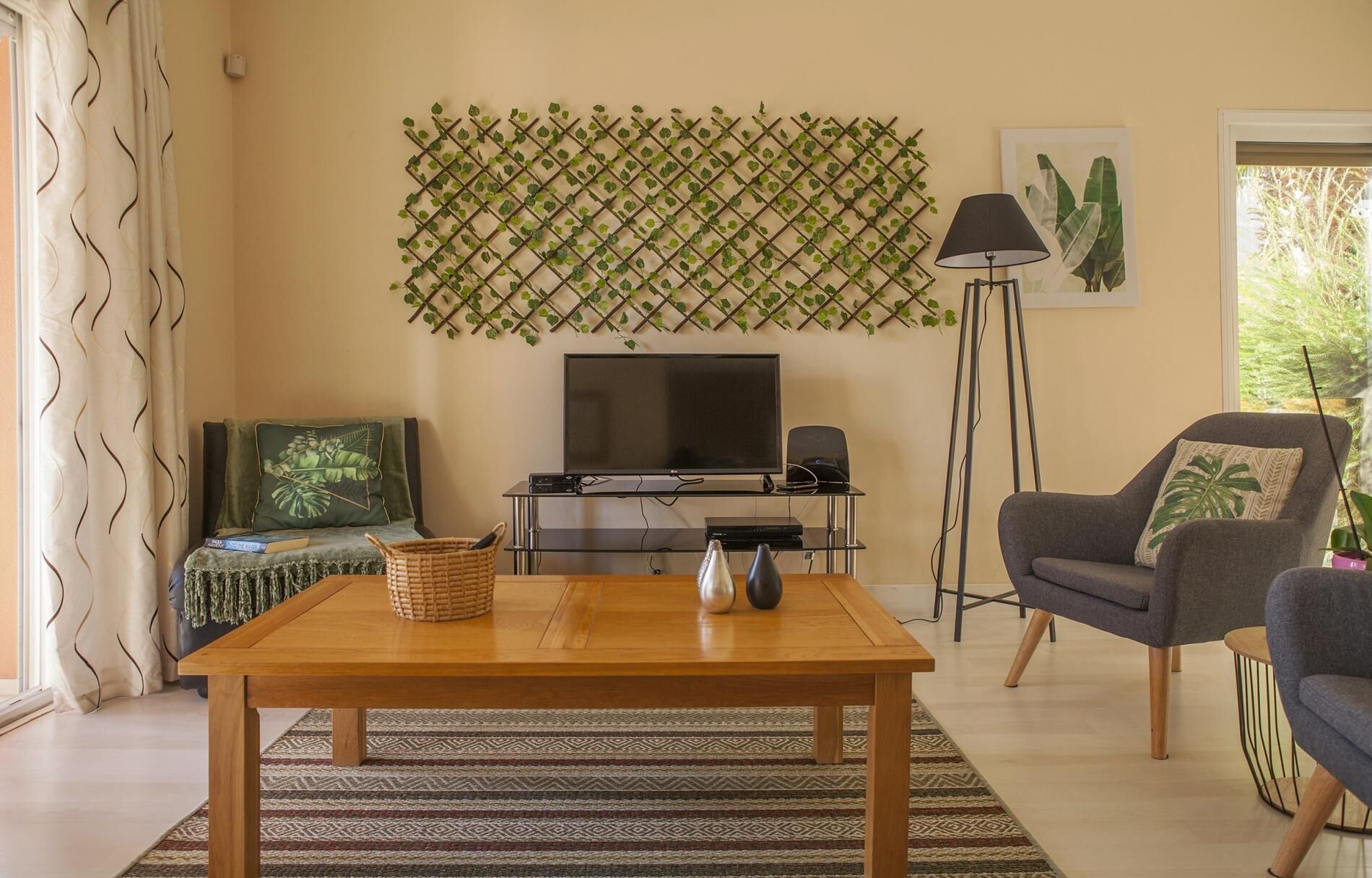 Un salon avec une table basse en bois, un téléviseur, un canapé gris, une lampe sur pied et une plante décorative fixée au mur.