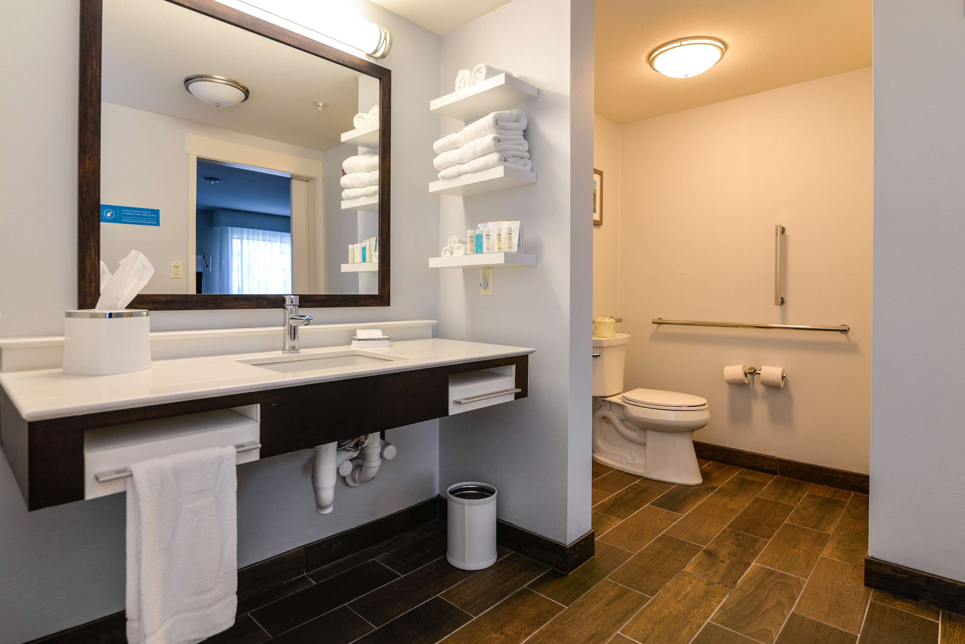 combined shower/bathtub, free toiletries, hair dryer, towels