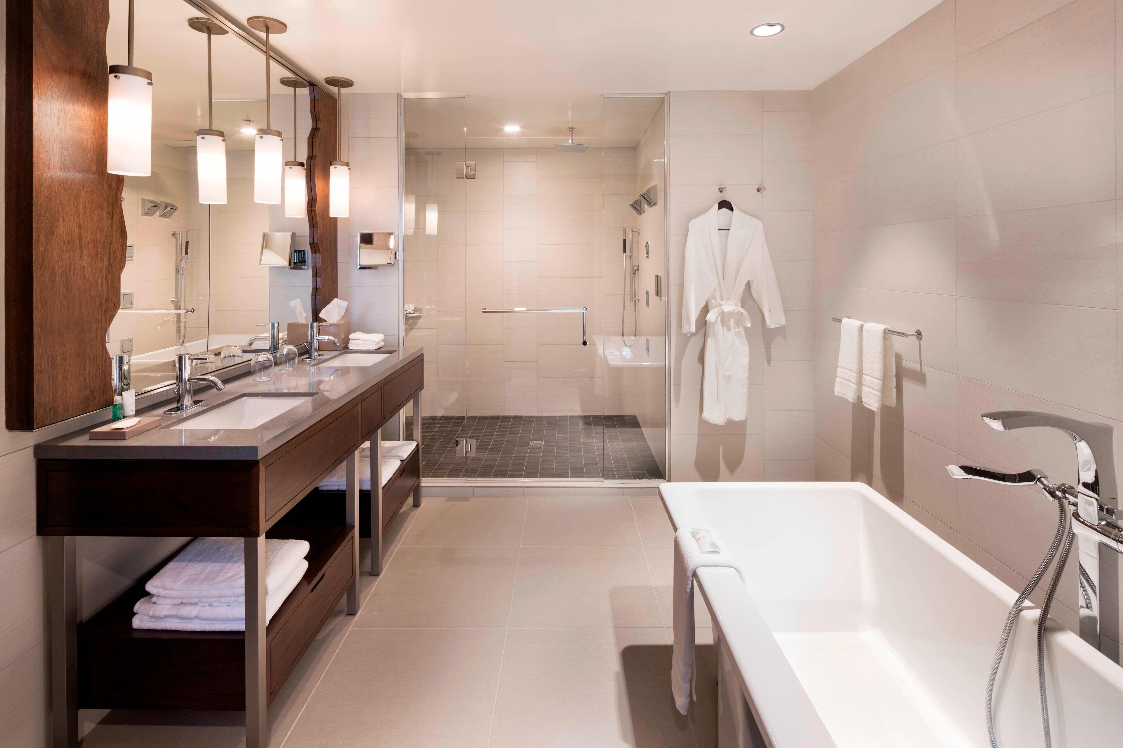 shower, rainfall showerhead, hair dryer, bathrobes