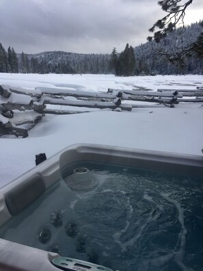 A hot tub in a snowy landscape with a forest in the background.