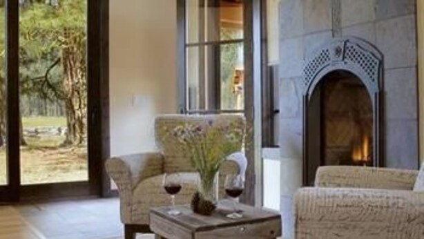 A cozy room with a fireplace, a wooden table with a vase and wine glasses, and a view of the outdoors through large windows.