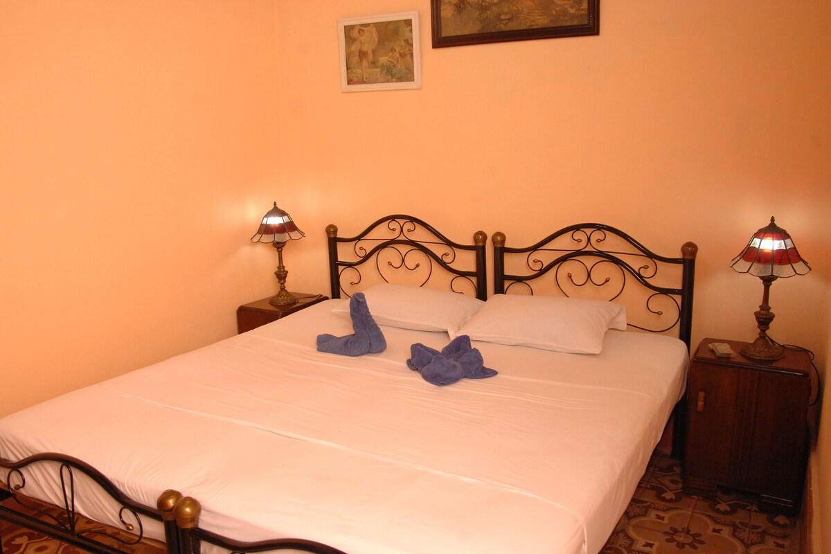Una cama bien hecha con sábanas blancas y dos toallas dobladas sobre ella. Dos lámparas de noche están sobre mesitas de madera, y un cuadro enmarcado cuelga de la pared encima de la cama.