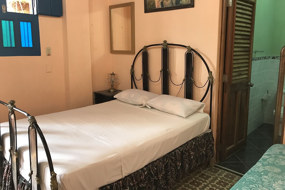 Una cama bien tendida con cabecera, una mesita de noche con lámpara, un cuadro enmarcado en la pared y una puerta que da al baño.