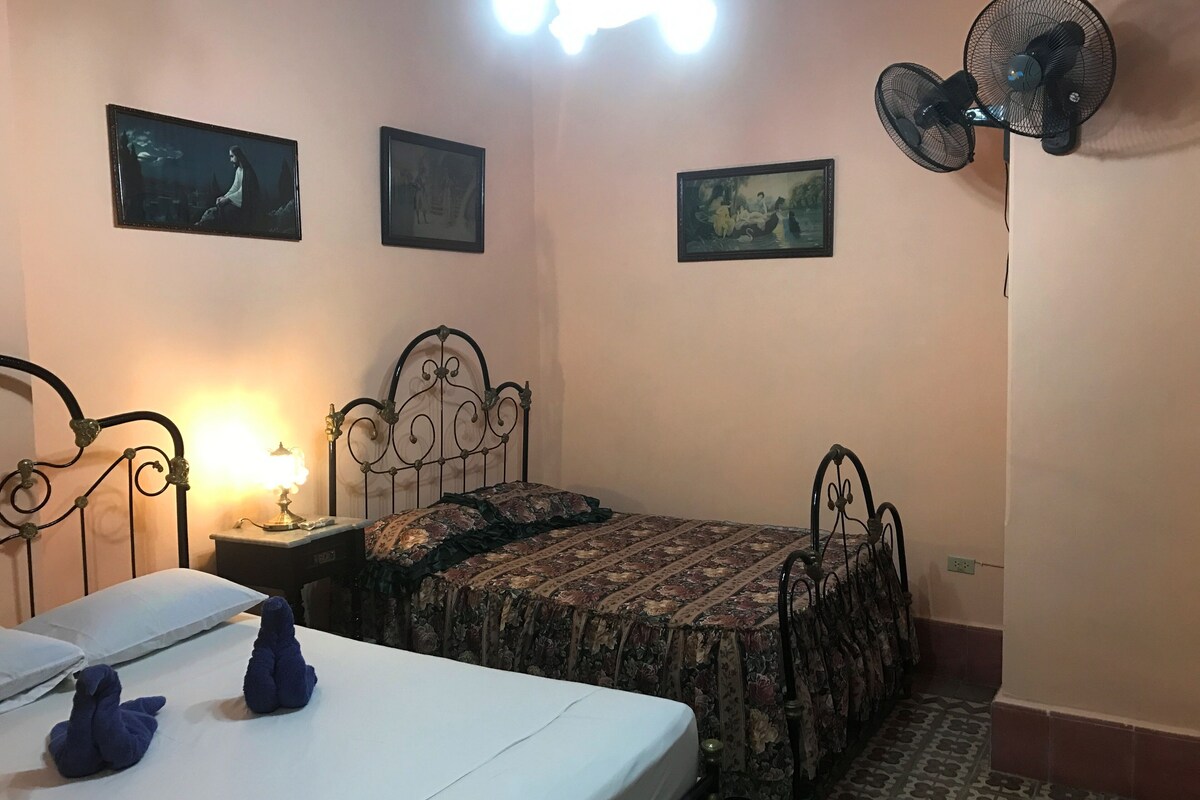 Un dormitorio con una cama, dos ventiladores de pared y dos cuadros enmarcados.