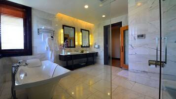 Combined shower/bathtub, free toiletries, hair dryer, slippers