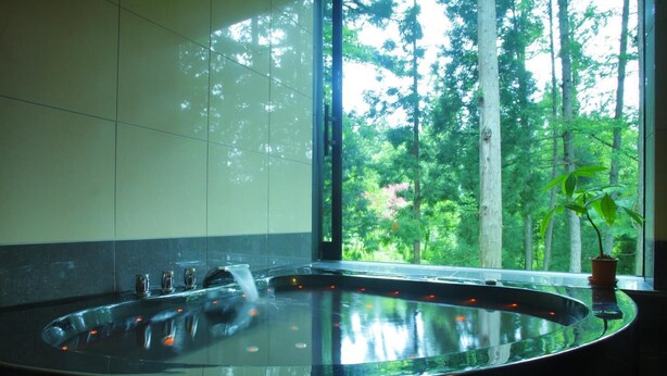 Un cuarto de spa con una tina de hidromasaje grande y curva, una ventana con vista a un bosque y una planta en maceta en el alféizar.