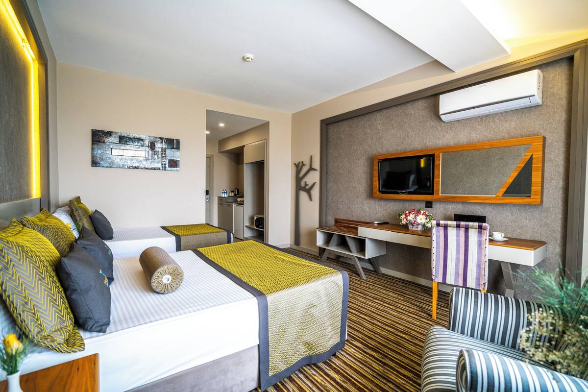 Una habitación de hotel con una cama, un escritorio, una silla, un sofá y un equipo de aire acondicionado.