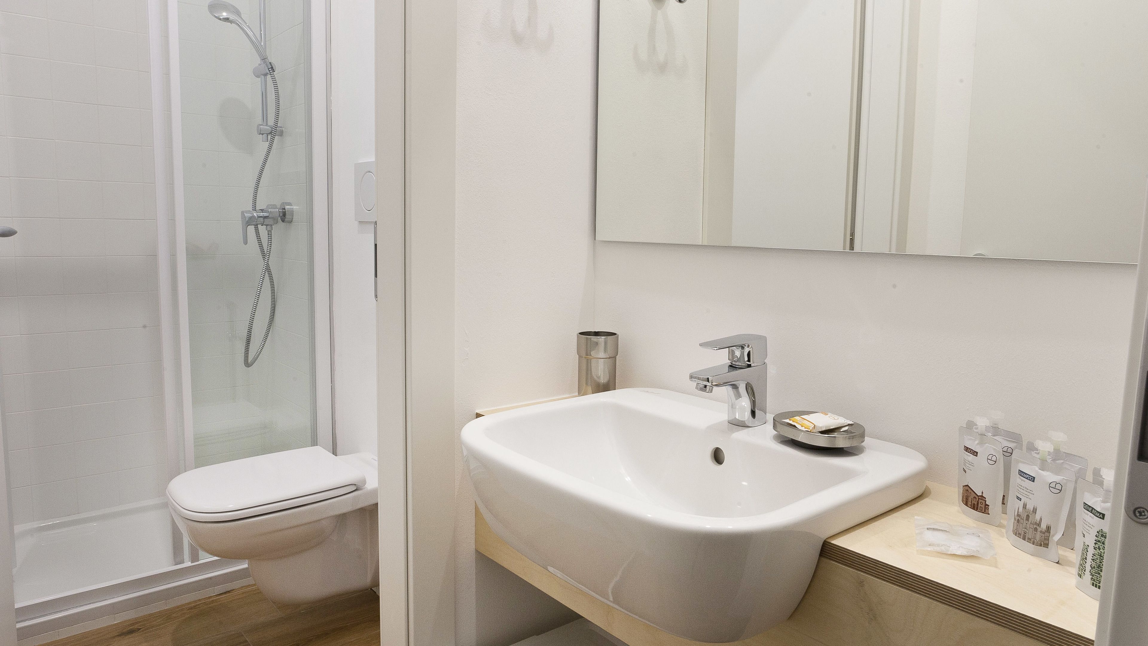 Een badkamer met een douche, toilet, wastafel en een spiegel boven de wastafel.