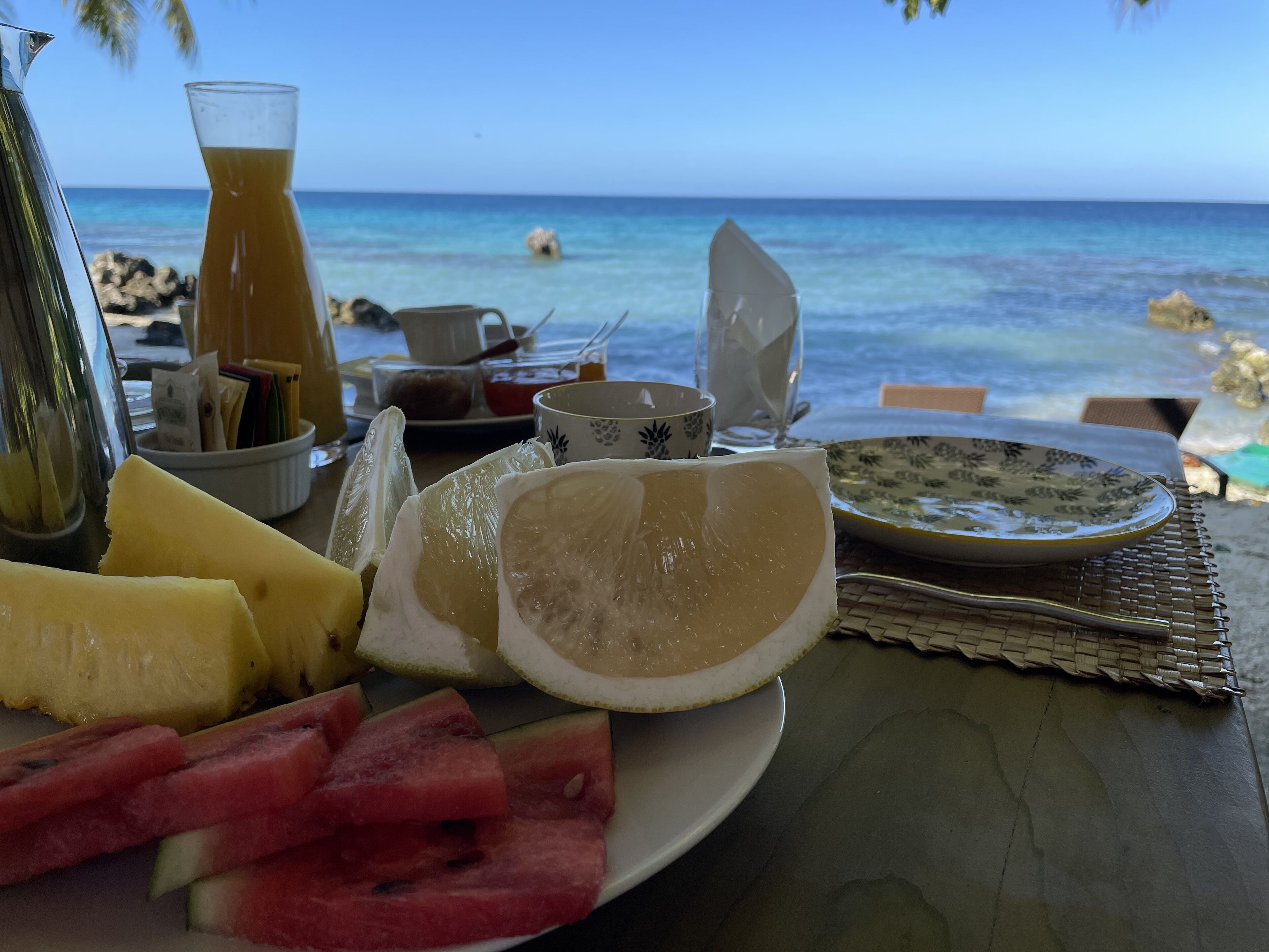 Une table avec une assiette de fruits, un verre et une vue sur l’océan.
