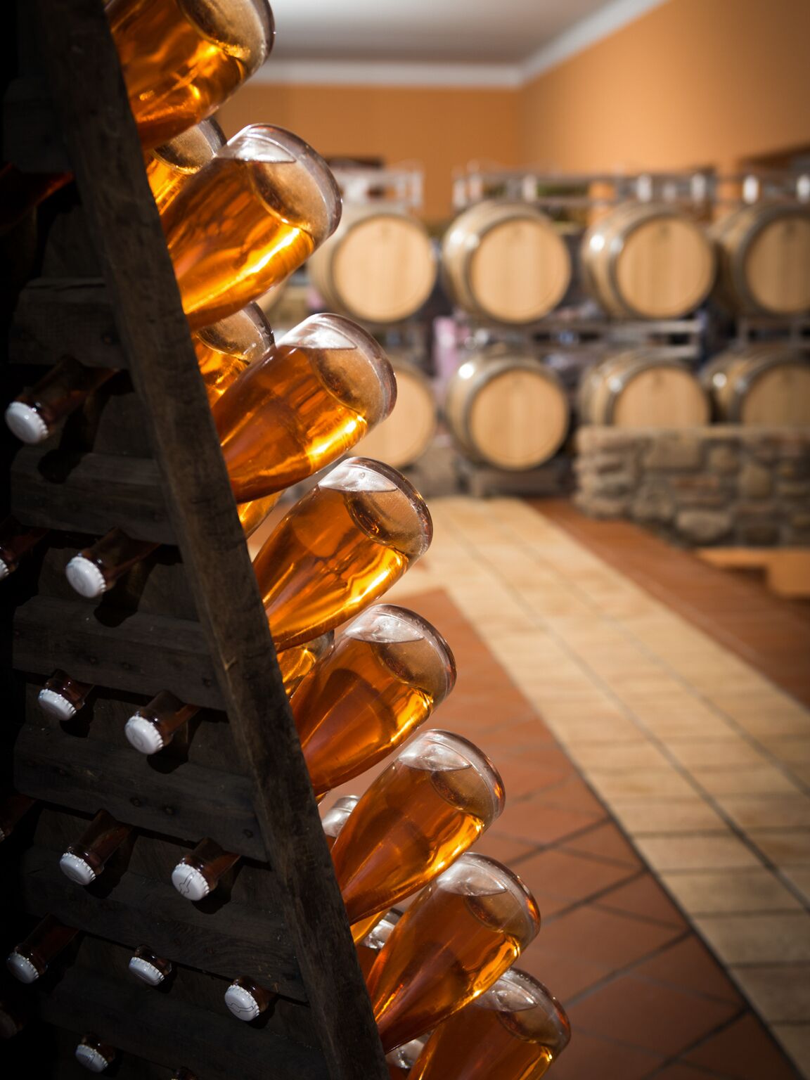 A wine rack with bottles and wooden barrels in the background.
