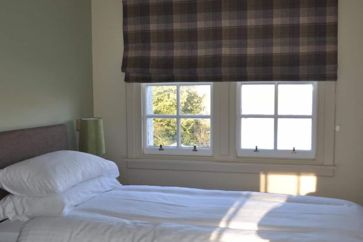 Une chambre à coucher avec un lit, une fenêtre agrémentée d’une lambrequin à carreaux, et une vue sur les arbres à l’extérieur.