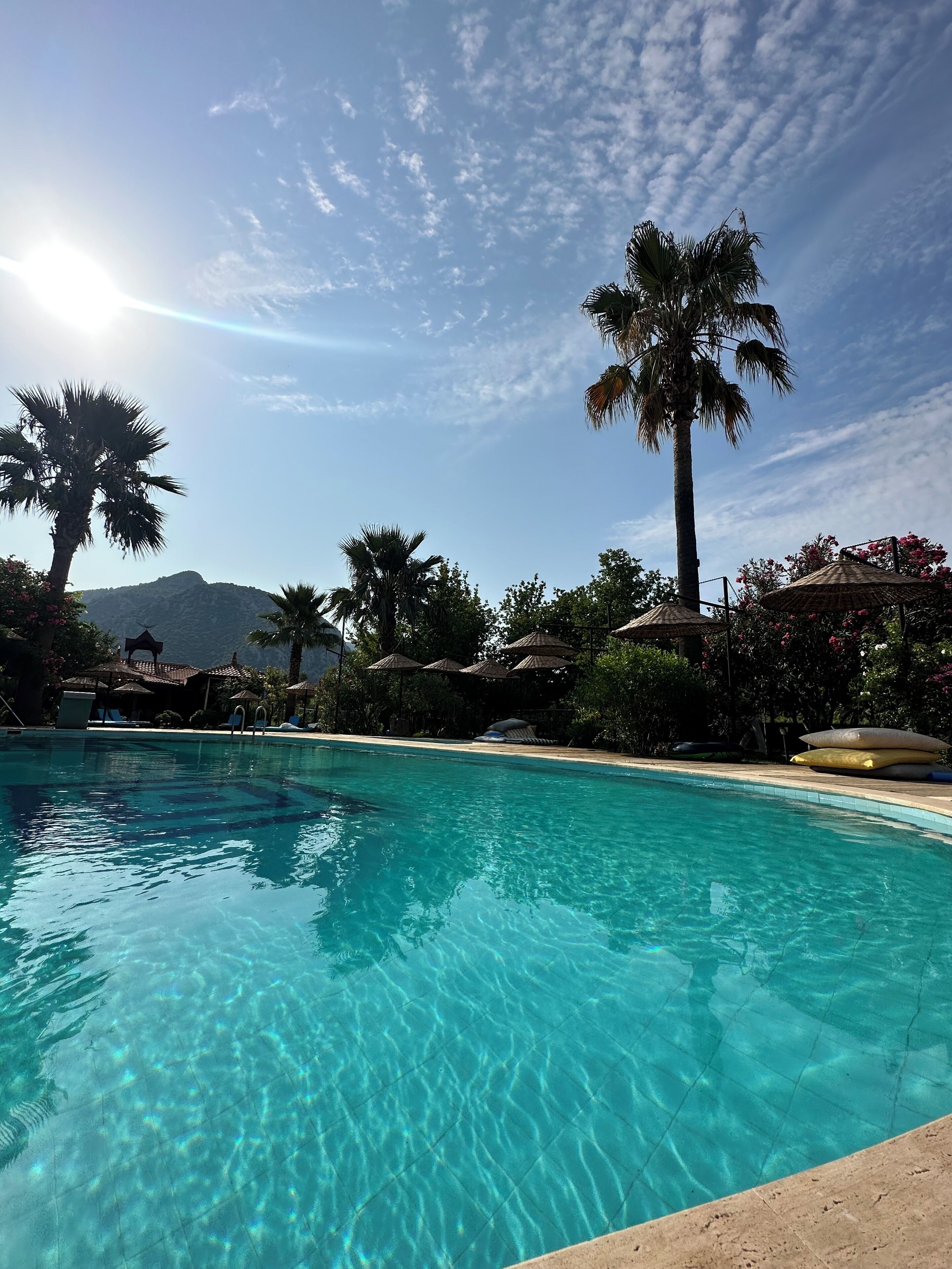 seasonal outdoor pool, pool umbrellas, pool loungers