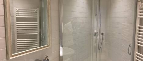 A modern bathroom with a glass-enclosed shower, a white sink, and a large mirror.