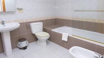 Bathtub, free toiletries, hair dryer, bidet