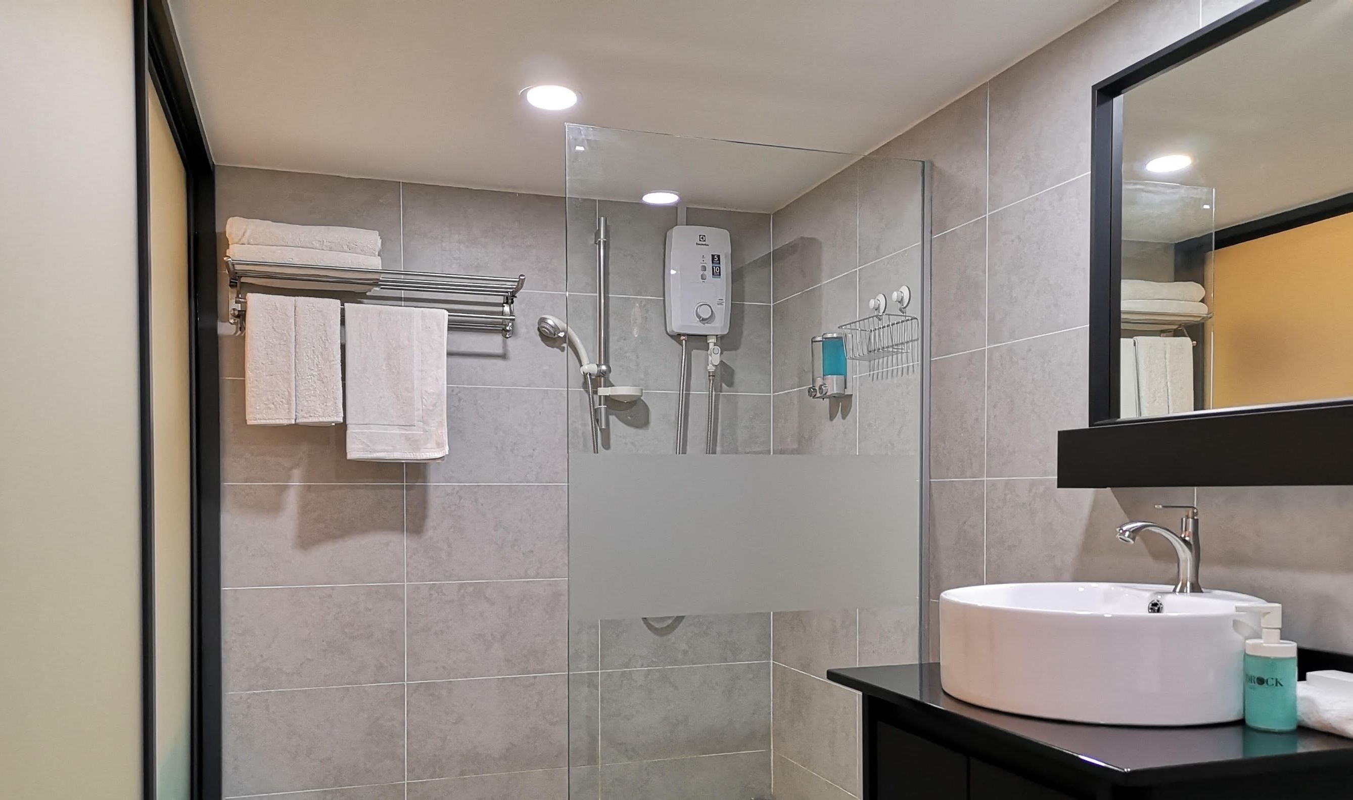 duplex family room | bathroom shower