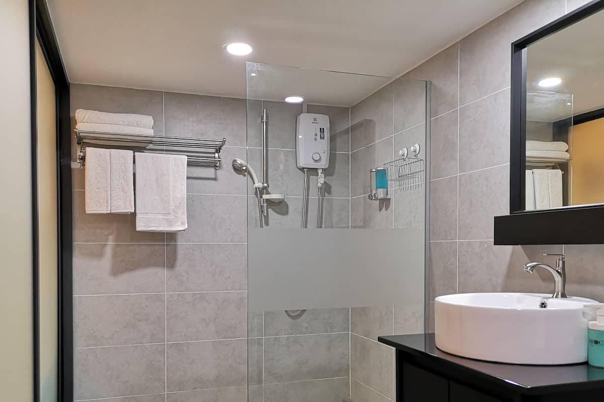 duplex family room | bathroom shower