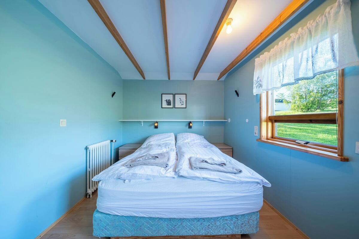 A bedroom with a bed, a window with a view, a radiator, and a shelf with pictures.