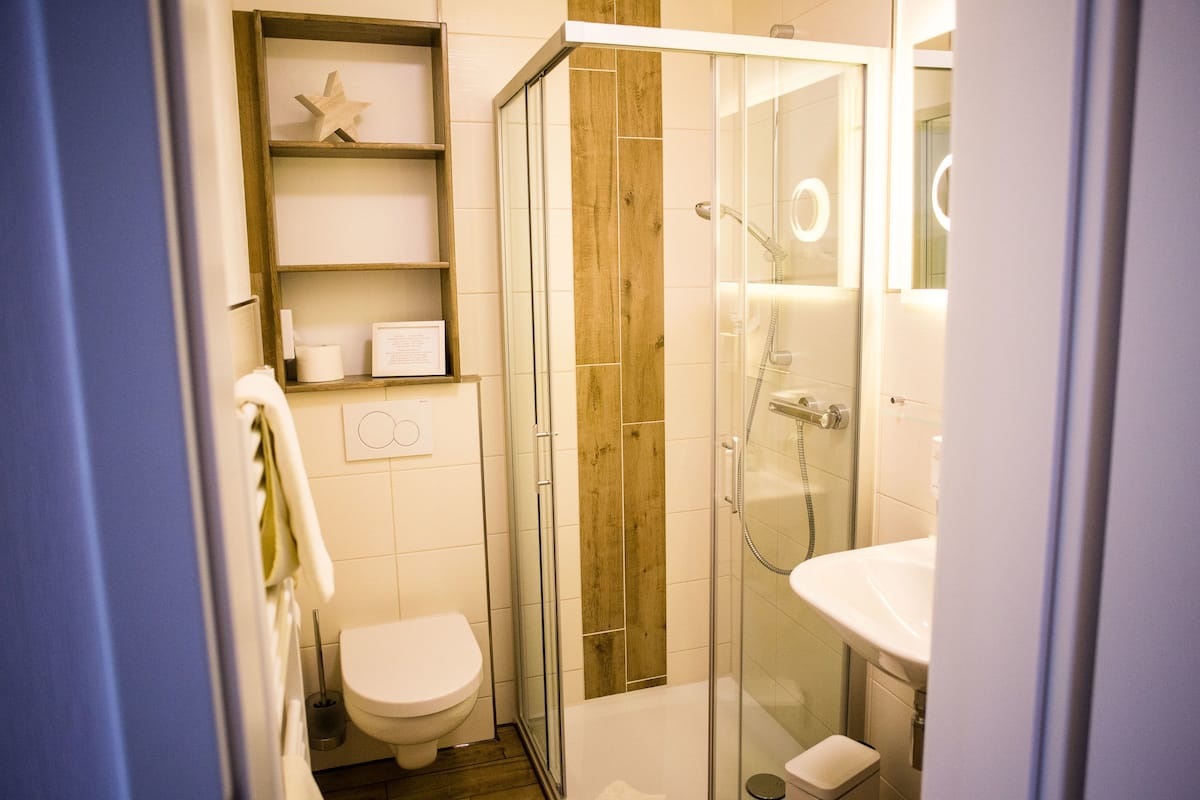 shower, free toiletries, hair dryer, towels