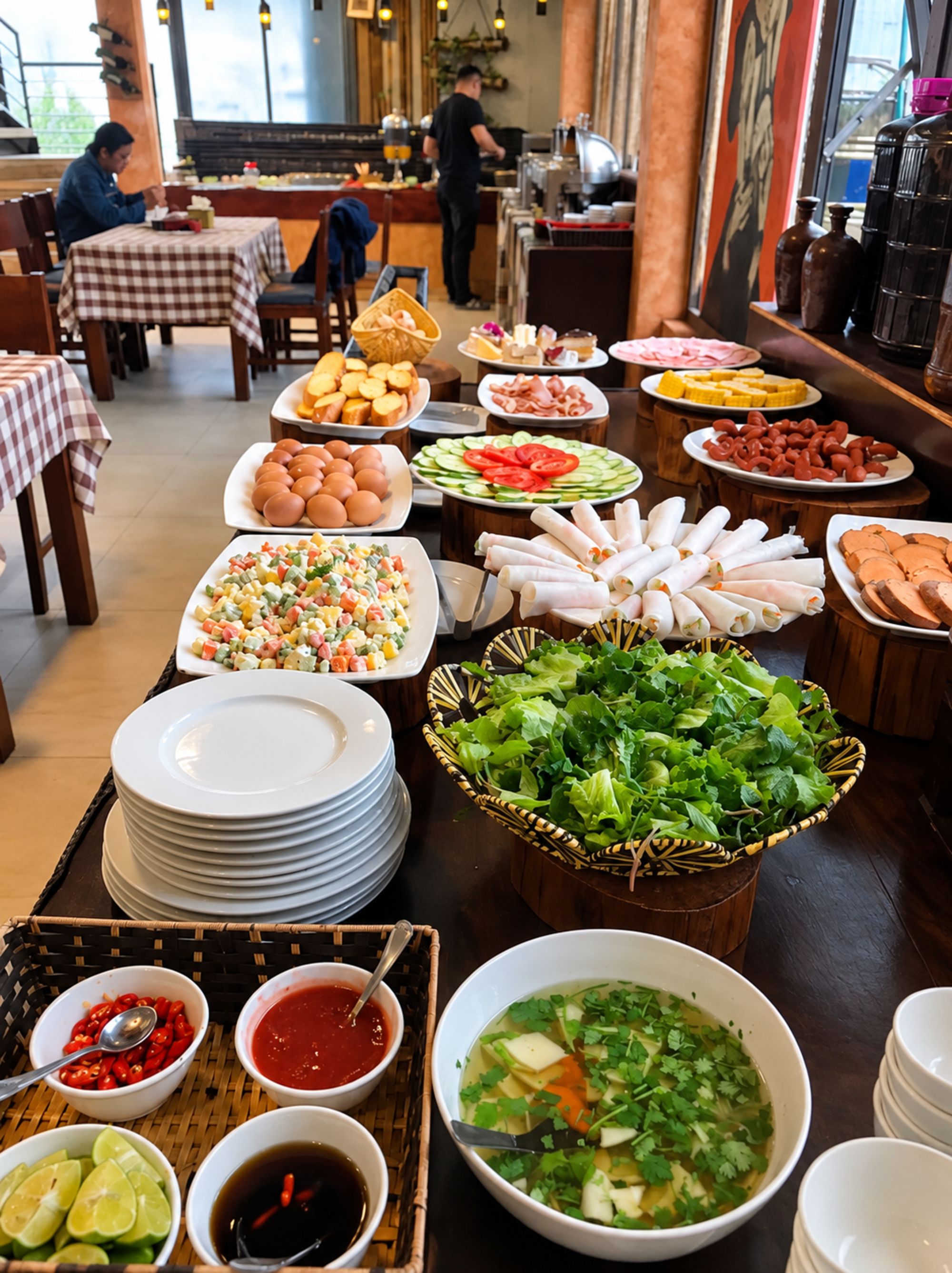 A buffet with various dishes and a salad bar.