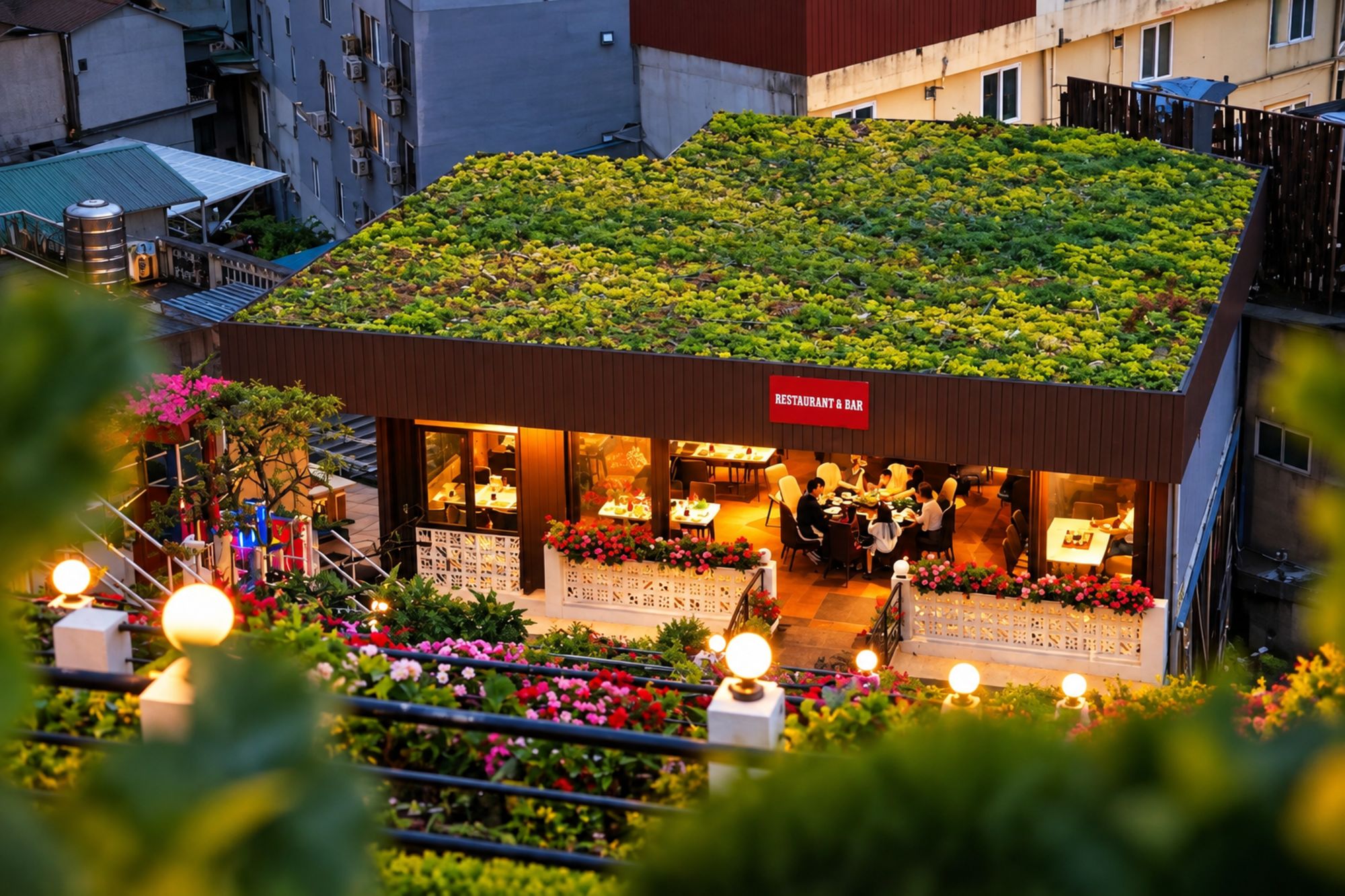 Un restaurante con jardín en la azotea y mesas al aire libre.