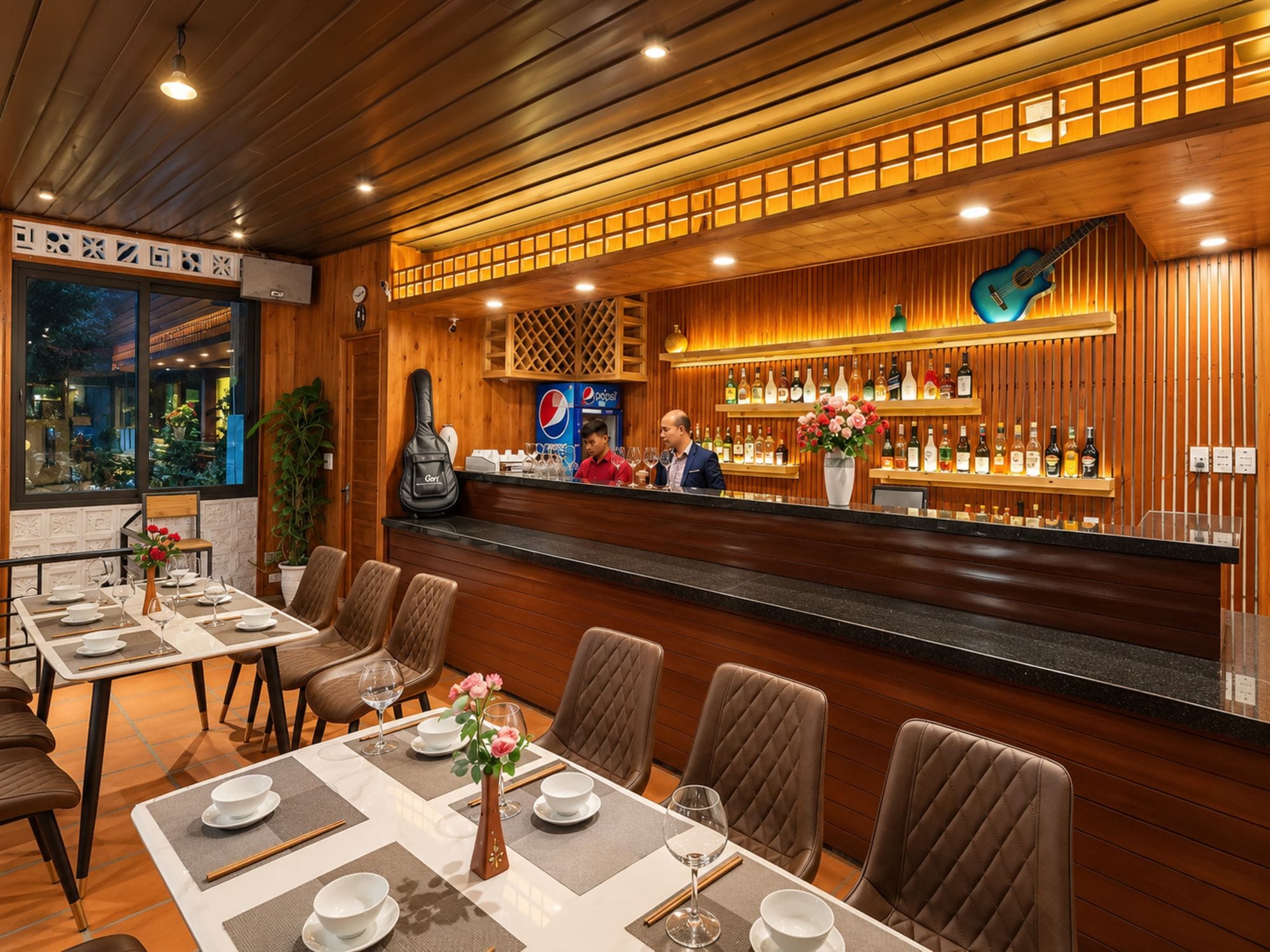 A restaurant with a bar area, wooden paneling, and a view of the outdoors.