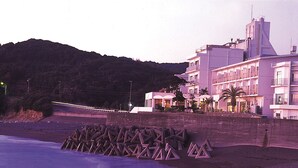 Un hôtel situé sur la côte, offrant une vue sur la plage, avec un espace piscine et un paysage montagneux en arrière-plan.