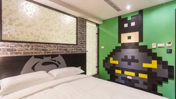 A room with a bed, a green wall with a pixelated design, a brick-patterned wall, and a window with a textured blind.