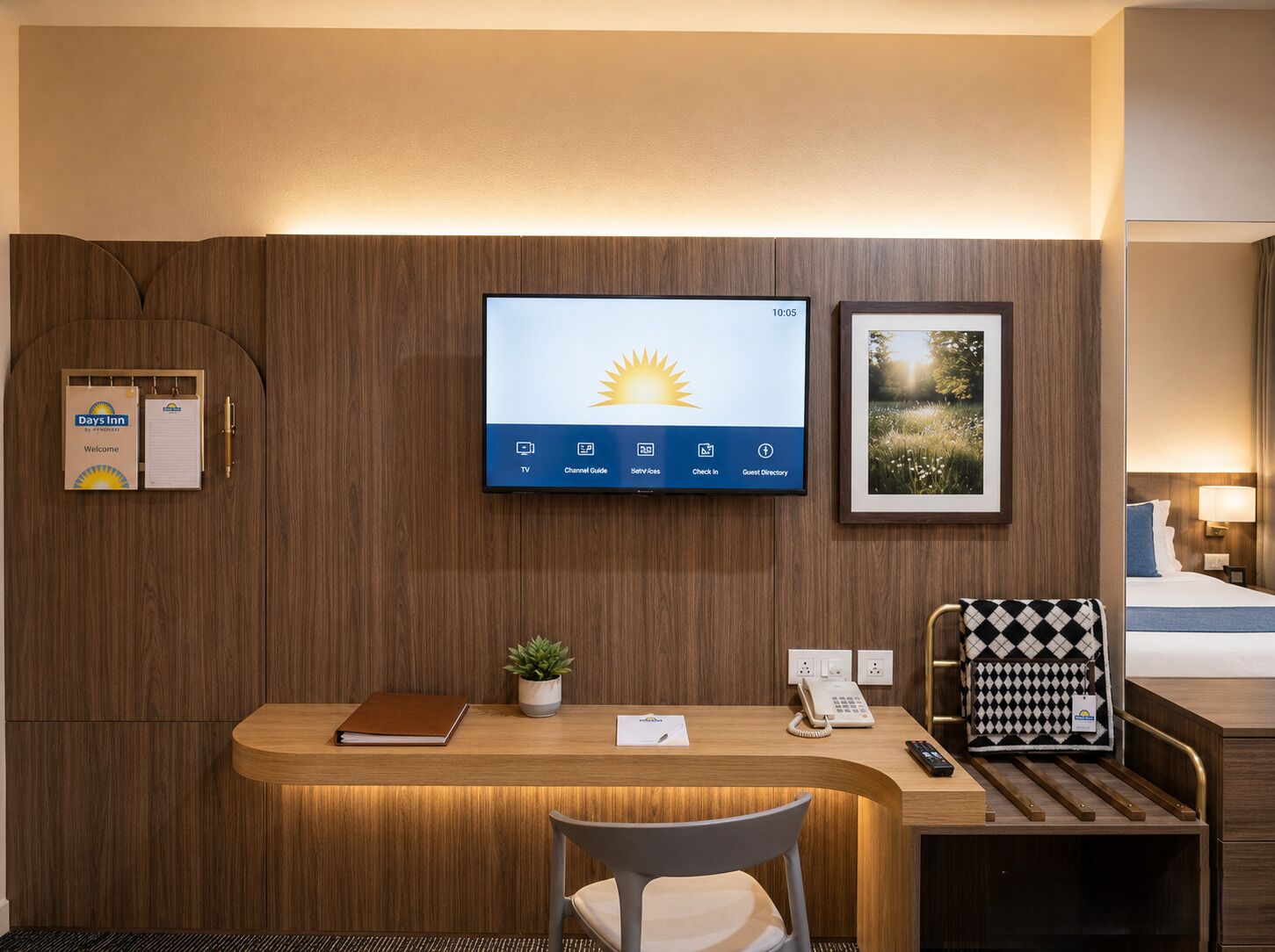 A hotel reception desk with a TV displaying the time, a framed picture, a plant, and a check-in counter.