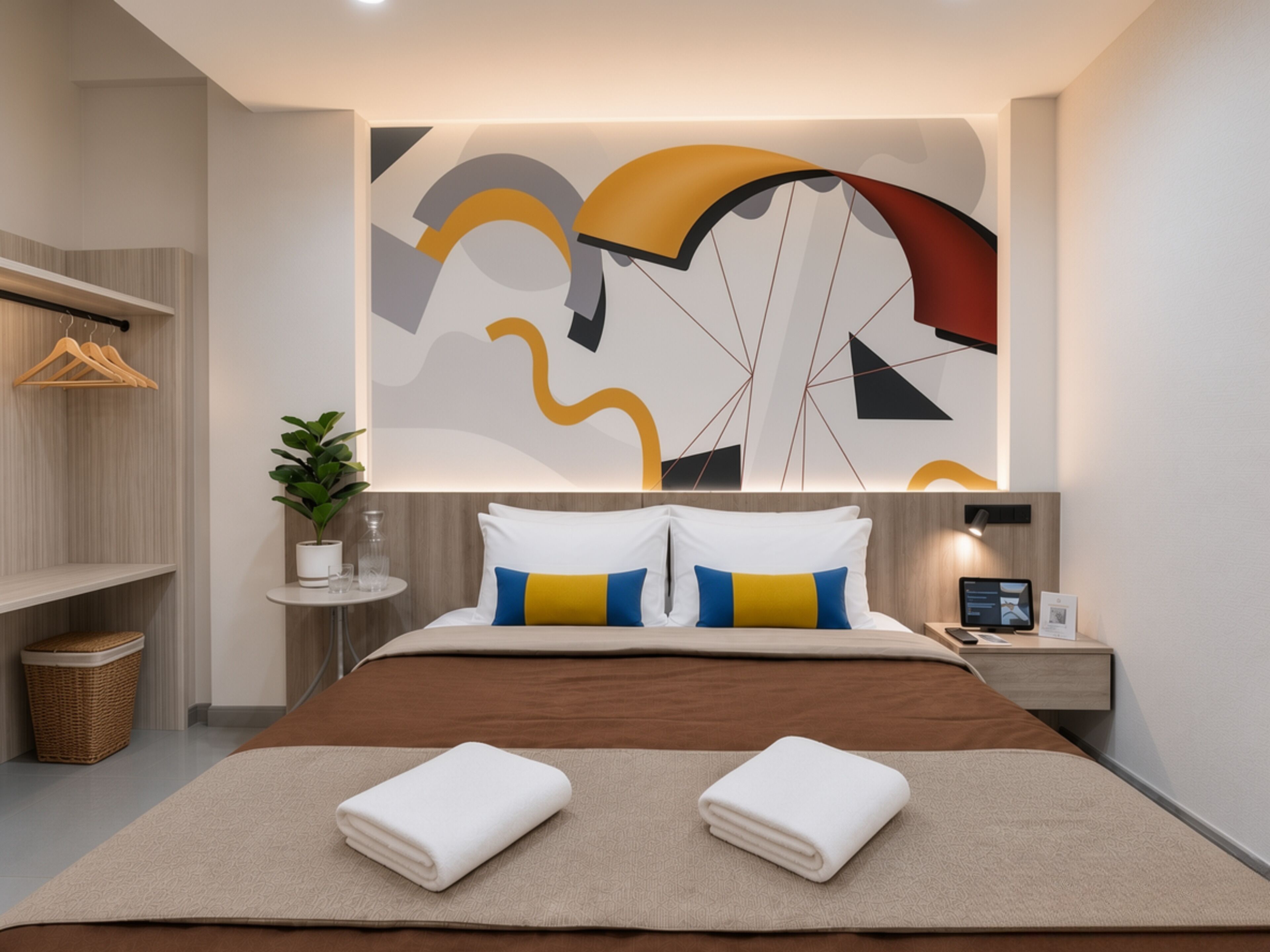 A modern hotel room with a large bed, a bedside table, a wall-mounted TV, and a decorative abstract painting.