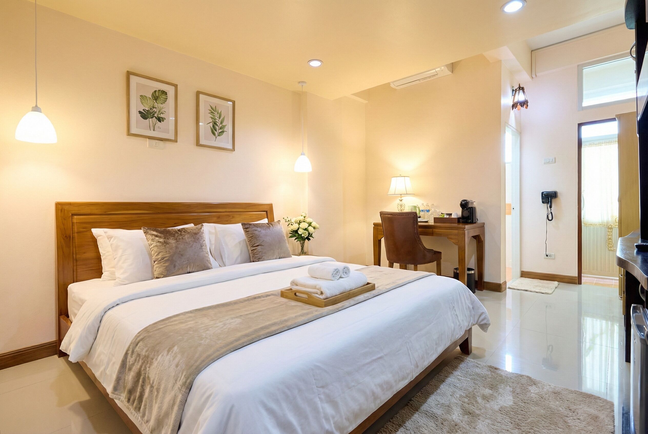 A hotel room with a wooden bed, bedside tables, a desk, and a chair.