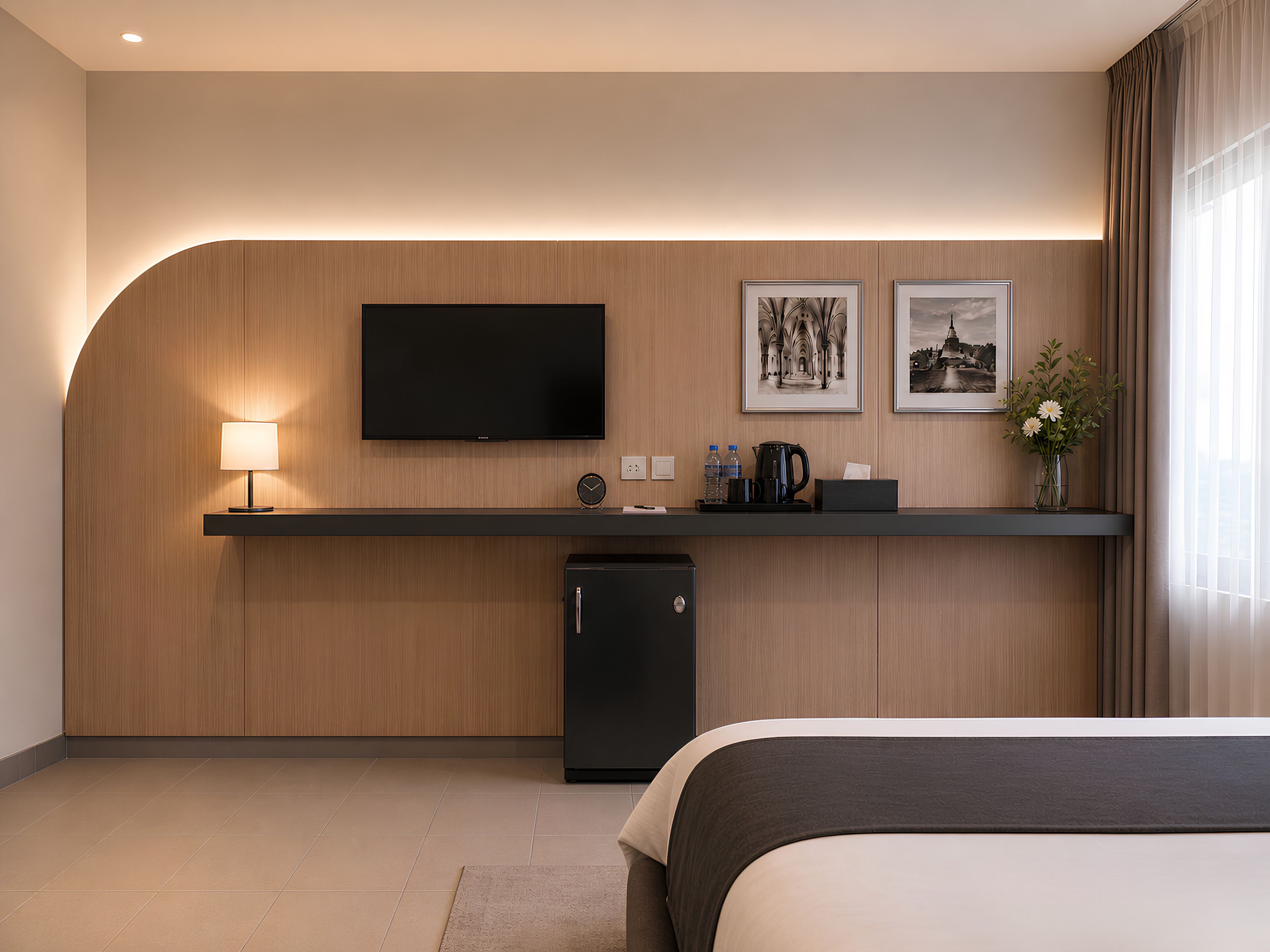 Una habitación de hotel moderna con una televisión de pantalla plana, un refrigerador pequeño, una mesita de noche con lámpara y obras de arte en la pared.